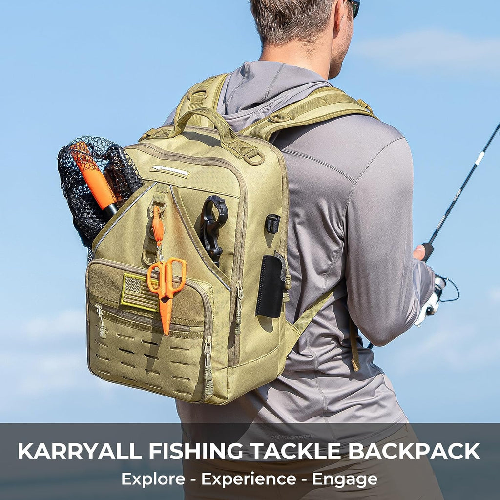 KarryAll Fishing Backpack with Rod Holder 4 Tackle Boxes, 40/26L | Tackle Bag Storage Fishing Gear and Equipment