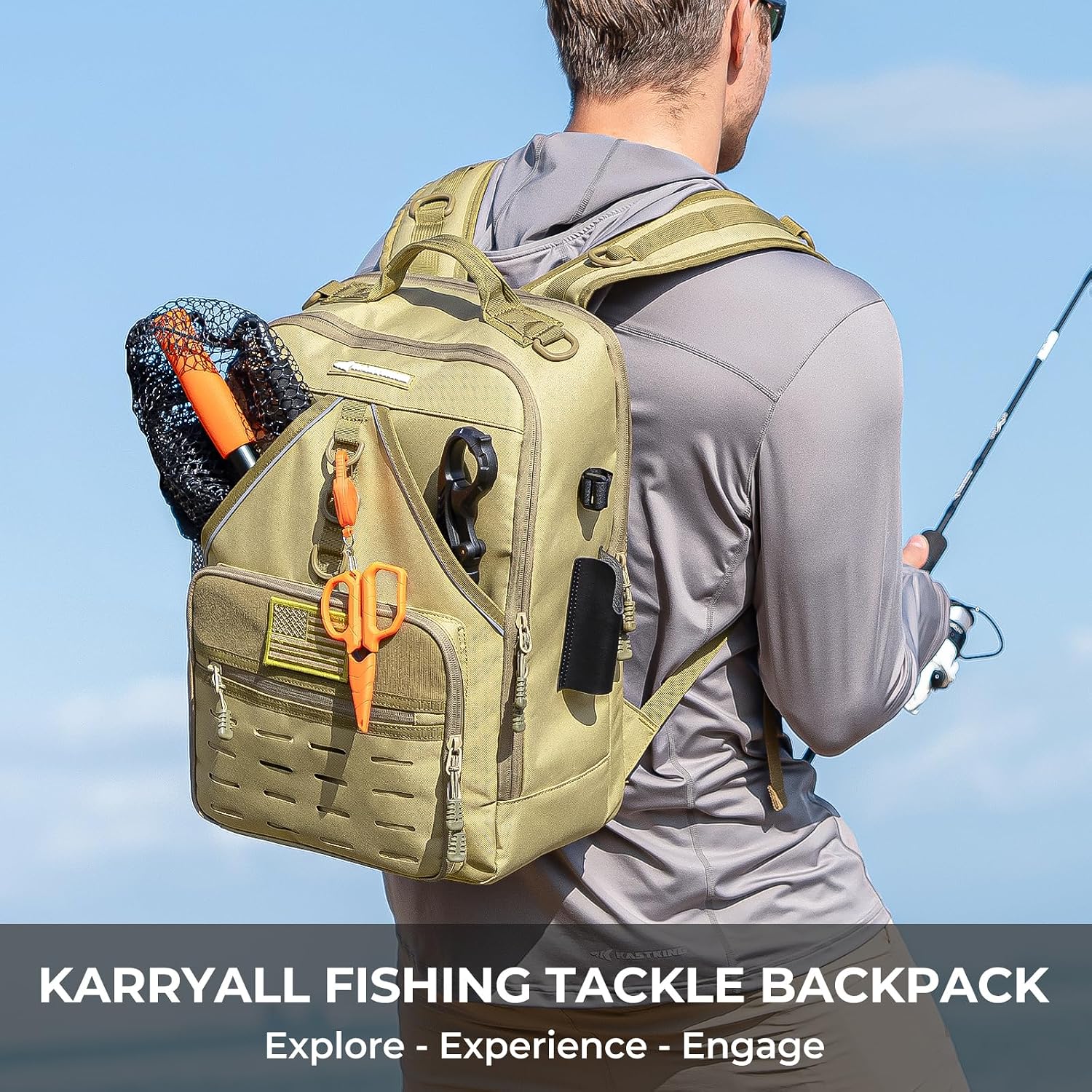 KarryAll Fishing Backpack with Rod Holder 4 Tackle Boxes, 40/26L | Tackle Bag Storage Fishing Gear and Equipment