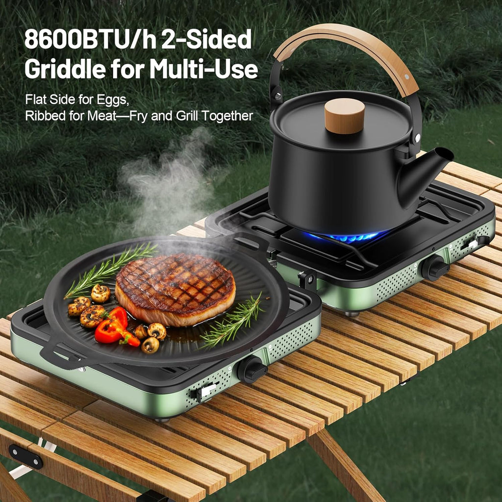 Portable Camping stove, 2 Burner Foldable Camping Stove with Griddle and Carrying Bag & Hose, 8600BTU Portable