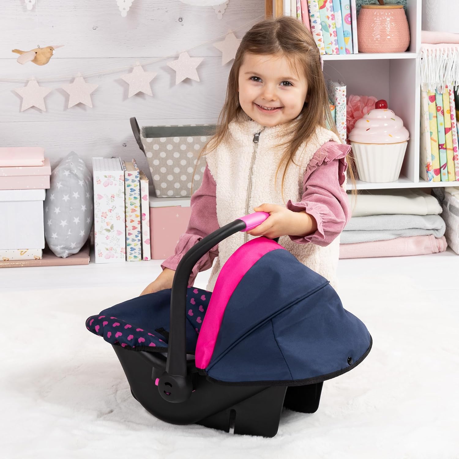 Baby Doll Car Seat with Canopy – Doll Carseat for 18 Inch Dolls with Seat Belt & Handle