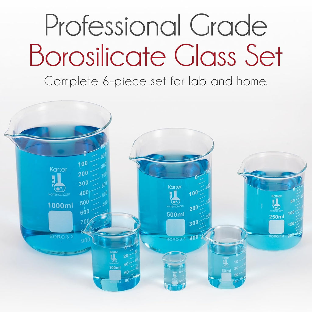 3.3 Boro, Griffin Low Form, Glass Beaker Set - 6 Sizes - 10ml, 50ml, 100ml, 250ml, 500ml, 1000ml