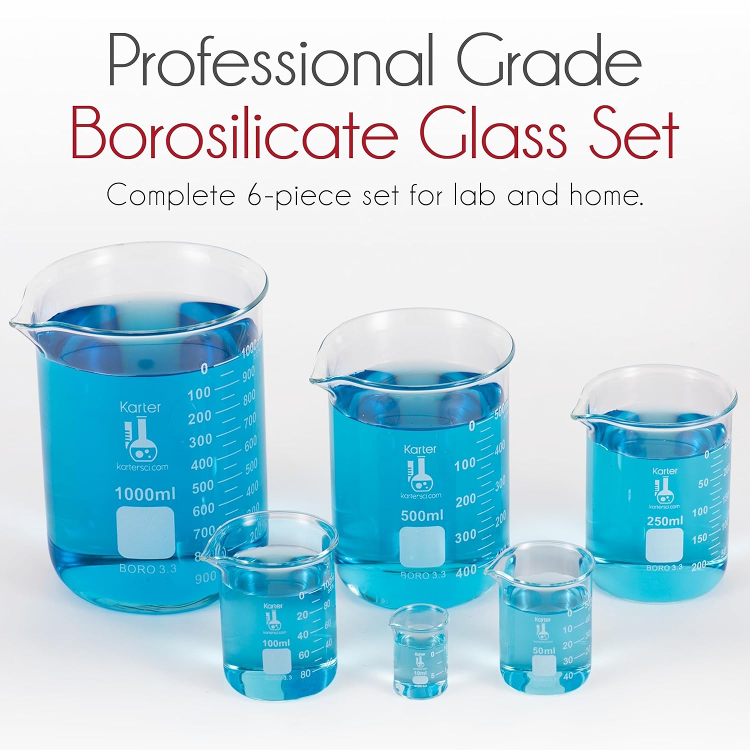 3.3 Boro, Griffin Low Form, Glass Beaker Set - 6 Sizes - 10ml, 50ml, 100ml, 250ml, 500ml, 1000ml