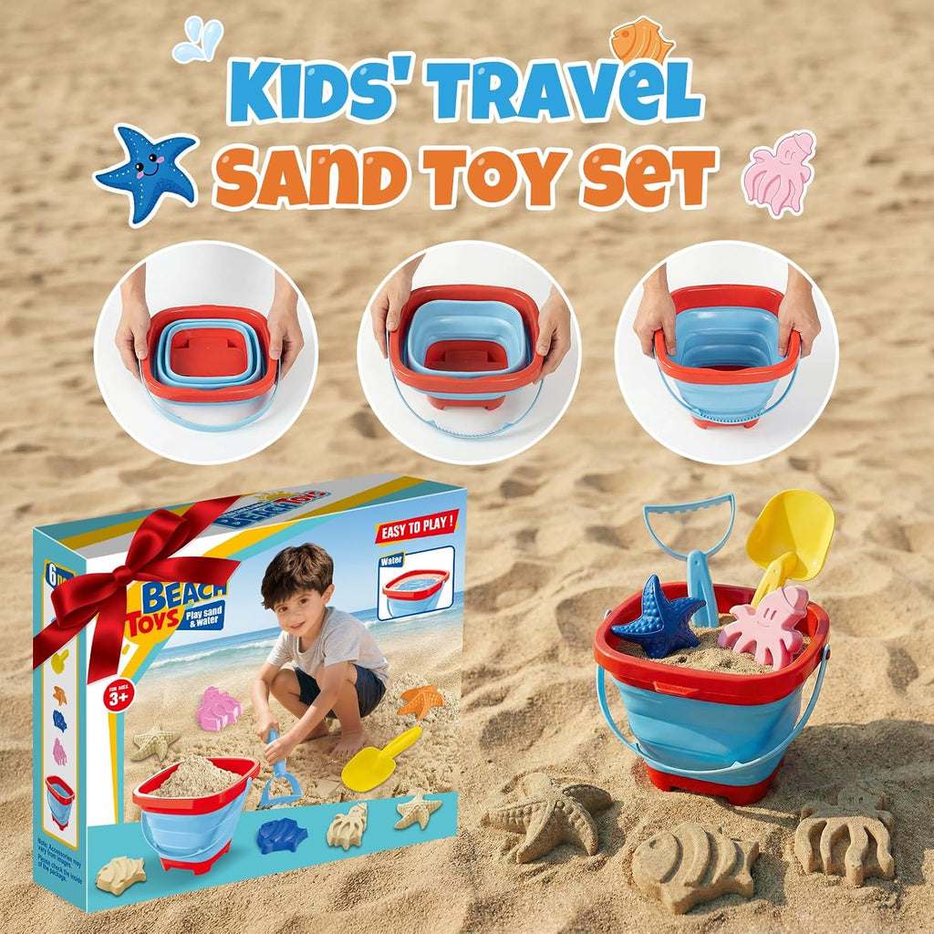 Beach Sand Toys Set for Toddlers, Portable Travel Beach Toys with Collapsible Bucket, Shovel, Rake, 3 Molds & Mesh