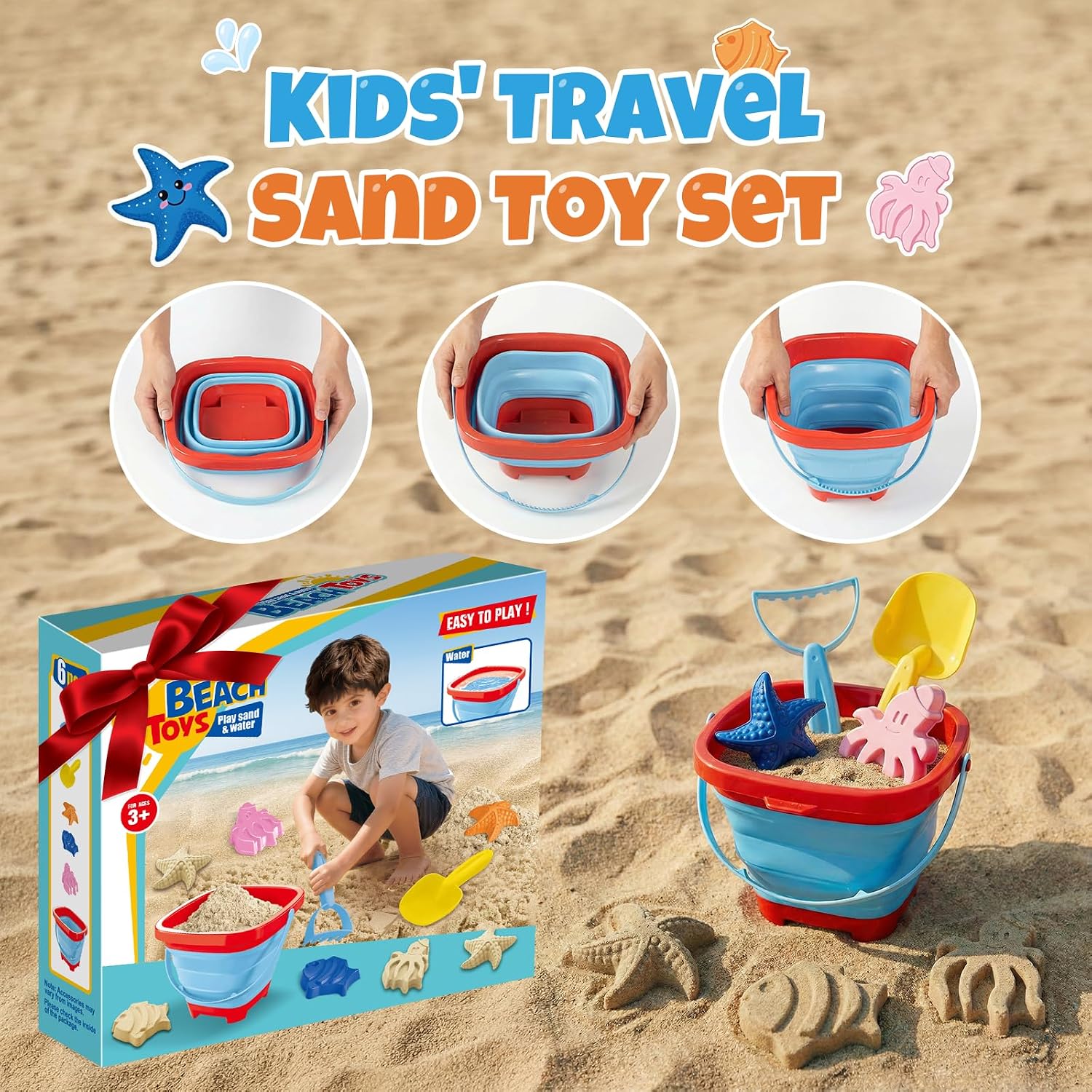 Beach Sand Toys Set for Toddlers, Portable Travel Beach Toys with Collapsible Bucket, Shovel, Rake, 3 Molds & Mesh