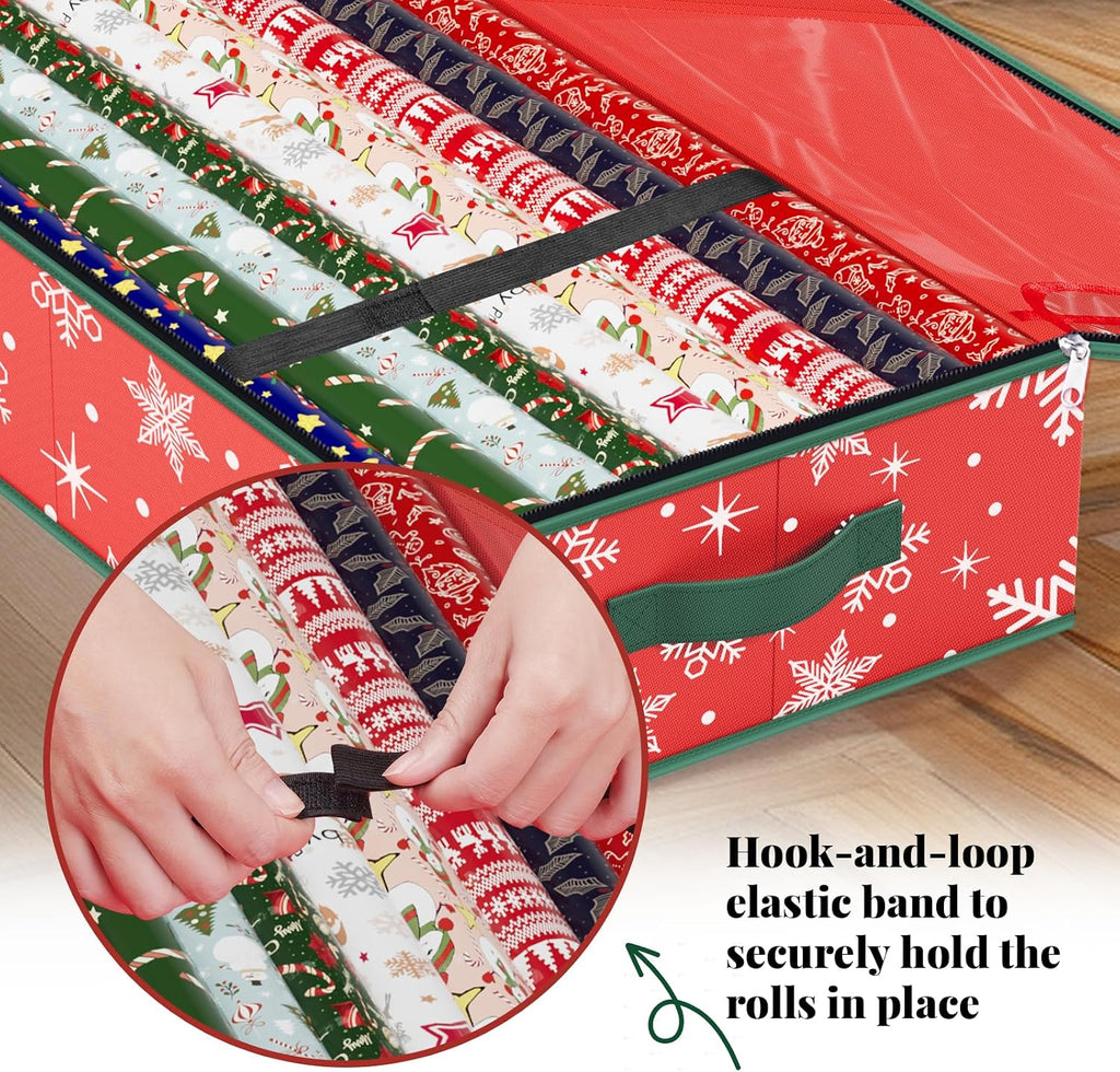 Christmas Gift Wrap Organizer Storage Box for Paper & Decor Snowflake Red | Nonwoven Fabric with Reinforced
