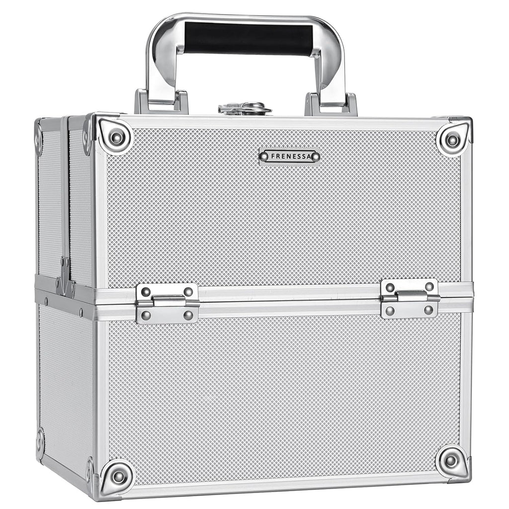 Makeup Train Case Makeup Organizer Box Portable Cosmetic Travel Case with Lock 4 Trays Aluminum Hard Vanity Box Make