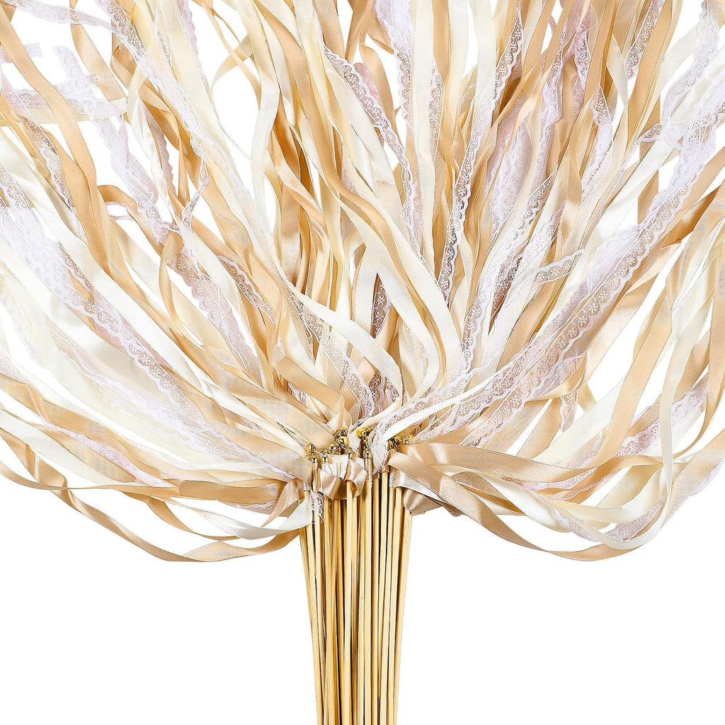 150 Pcs Lace Ribbon Stick Wands Wedding Wand Streamers with Bell Wedding Send Off Streamer(Champagne, Beige)