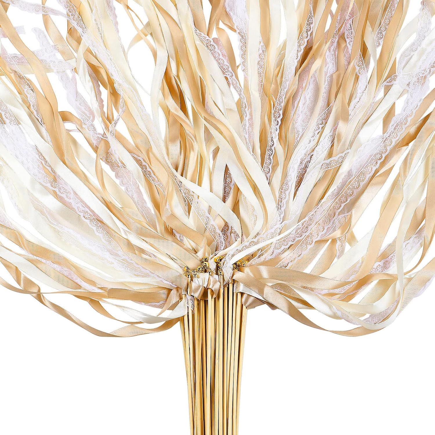 150 Pcs Lace Ribbon Stick Wands Wedding Wand Streamers with Bell Wedding Send Off Streamer(Champagne, Beige)