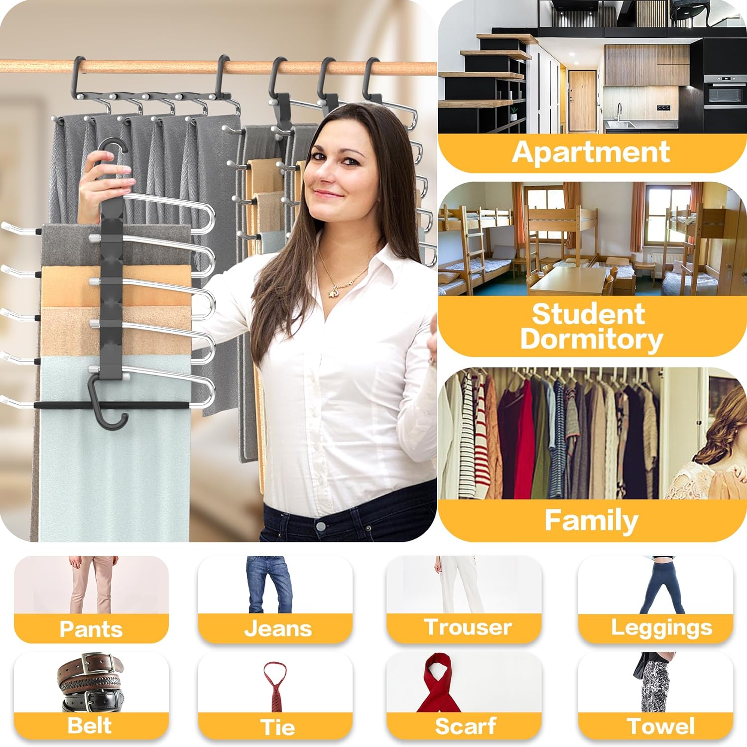 Pants Hangers Space Saving - 2 Pack Closet Organizer and Storage Jean Hangers, Stainless Steel Anti-Slip Clothes