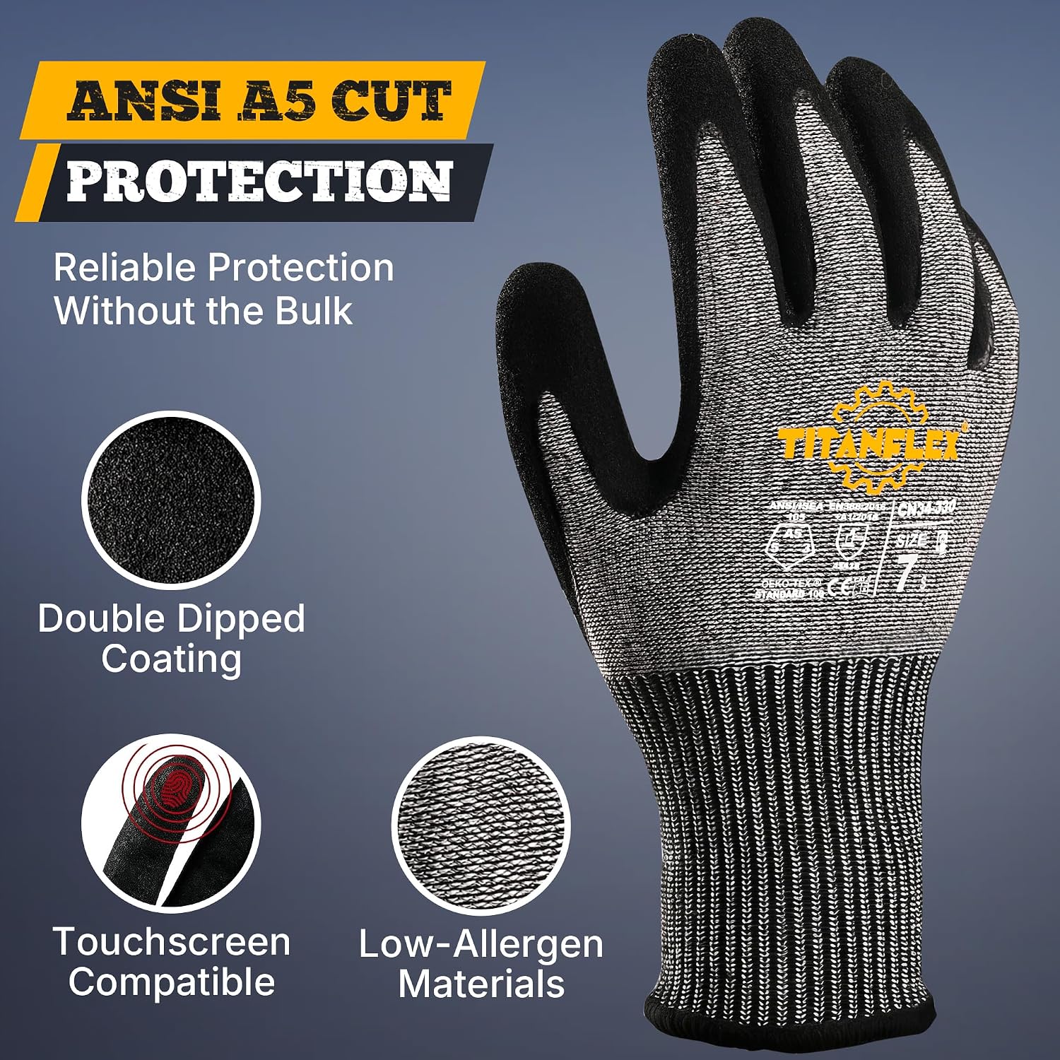 Cut Resistant Gloves ANSI A5, Work Gloves with Sandy Nitrile Grip,Black