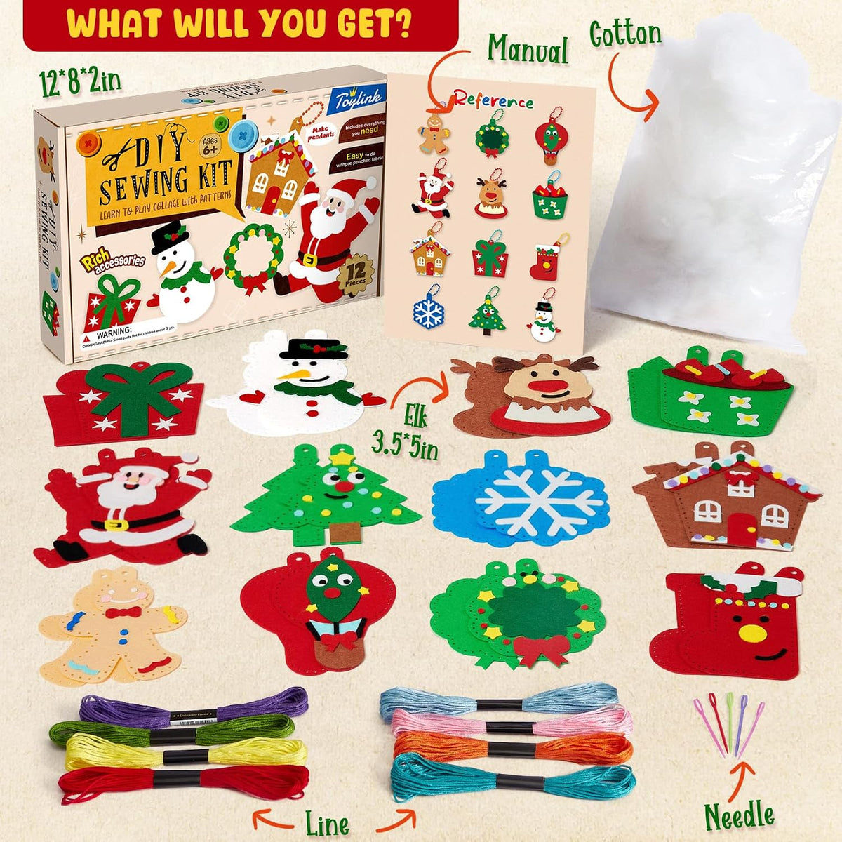 Christmas Sewing Kit for Kids Beginners, 12-in-1 Sew Your Own Felt Christmas Ornaments Craft Kit for Kids Girls &
