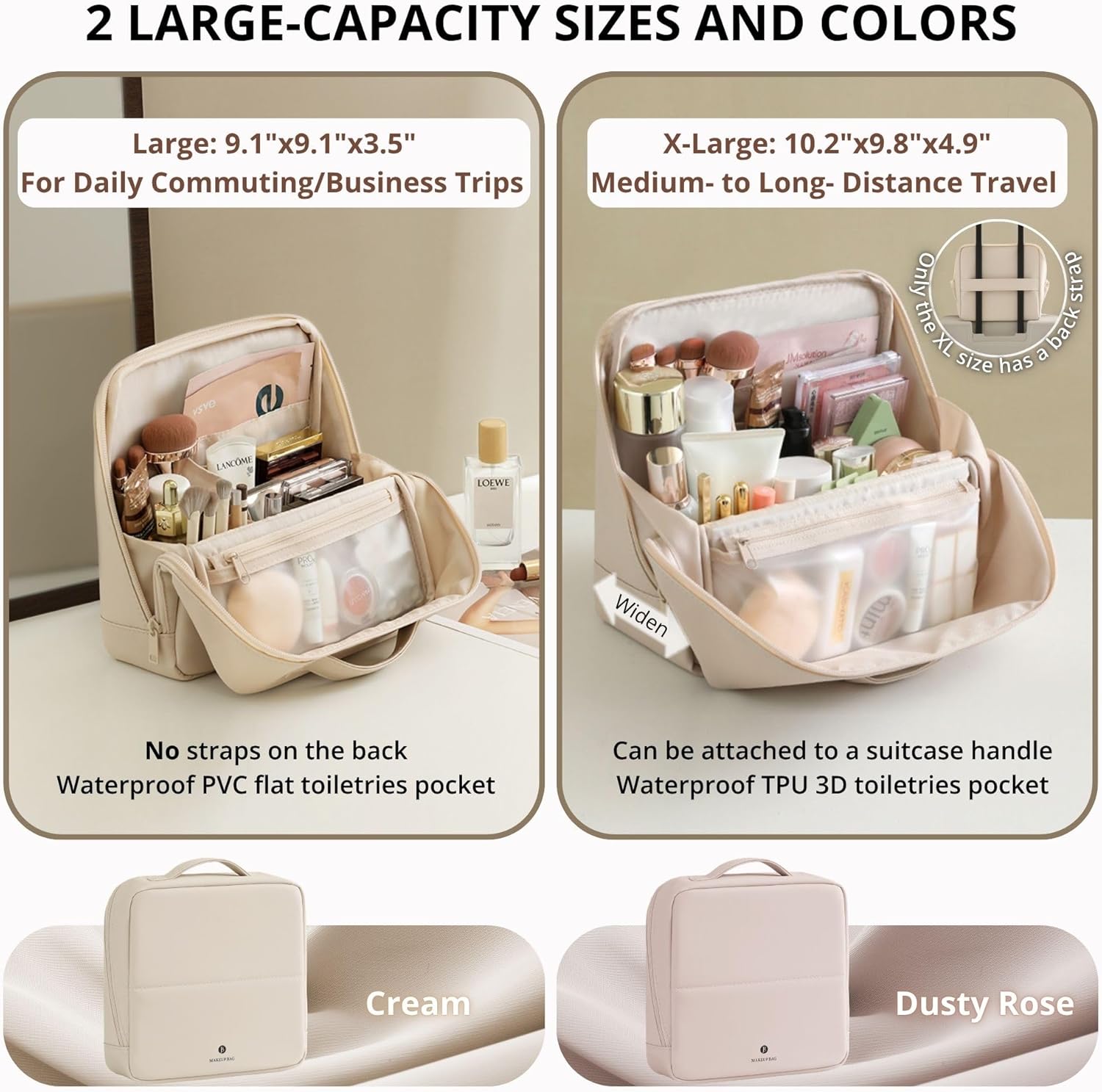 Travel Makeup Bag with Magnetic Fold-Down Flap, Waterproof Leather Cosmetic and Toiletry Organizer for Women