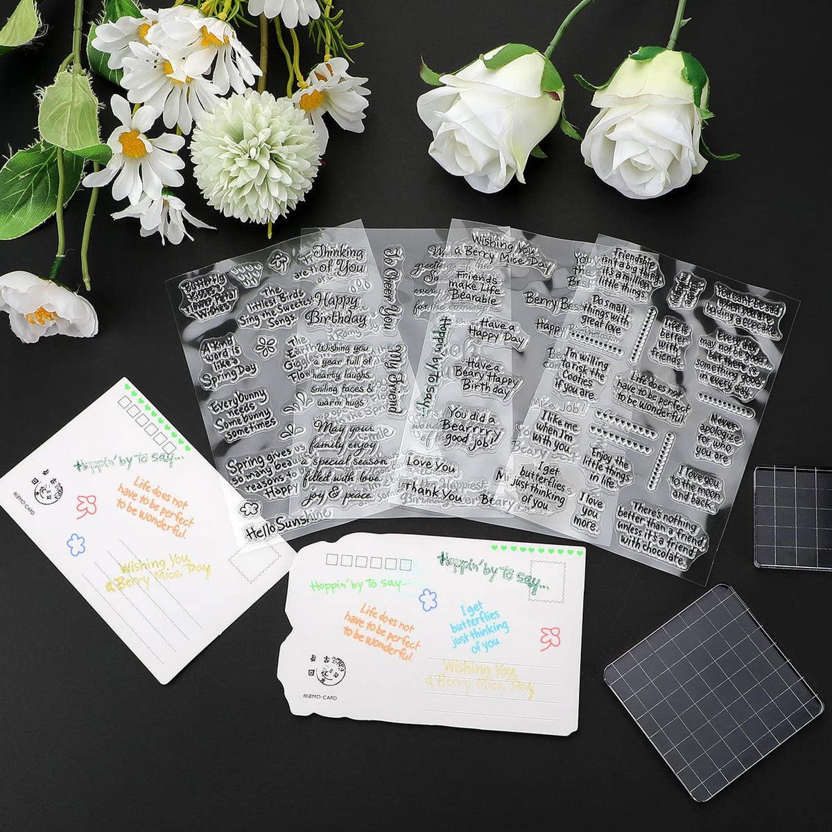 4 Sheet Sentiments Rubber Clear Stamps Set for Card Making and DIY