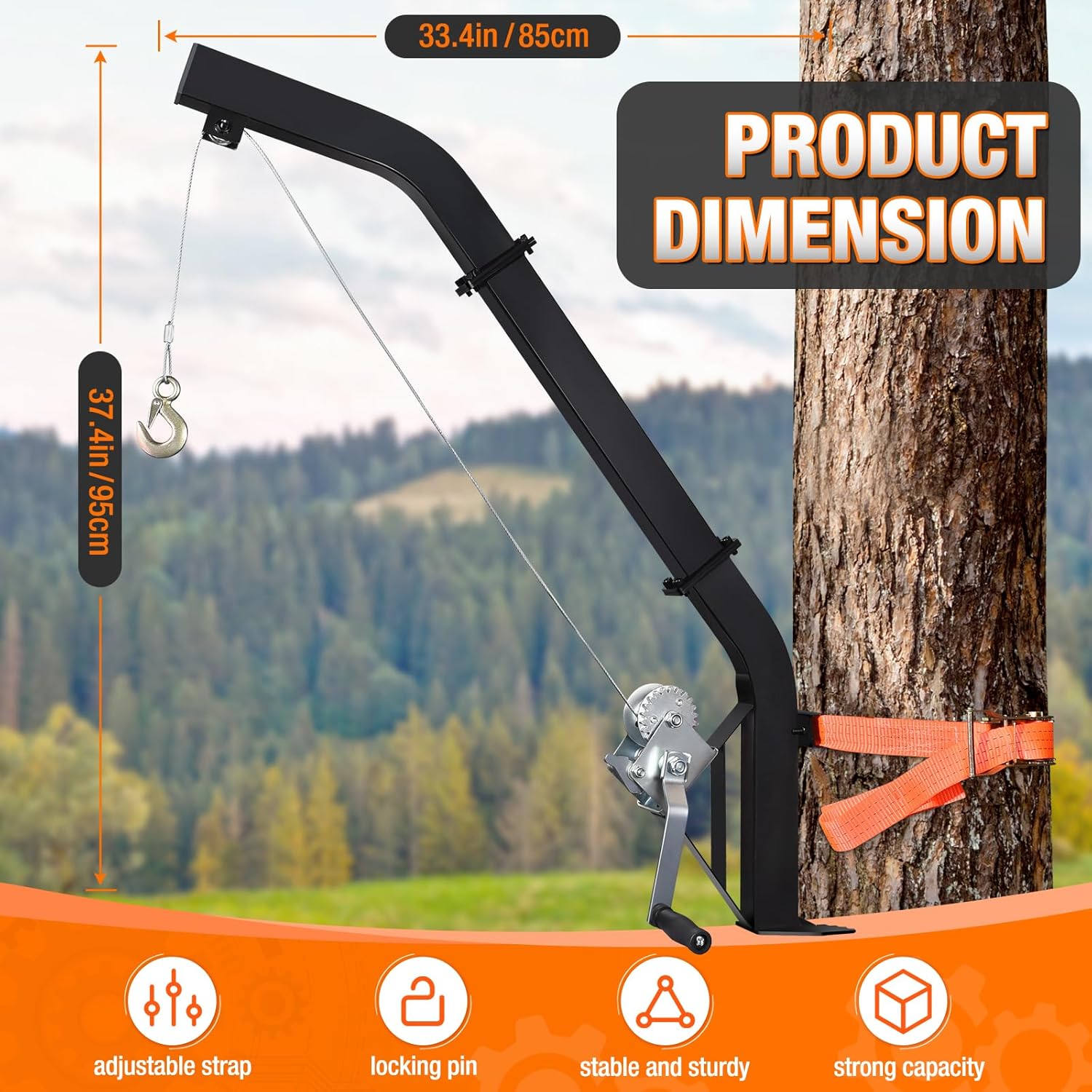 Tree Mounted Deer Hoist, 500LBS Hunting Game Hoist with Winch and Ratchet Strap, 23FT Steel Cable Heavy Duty Deer