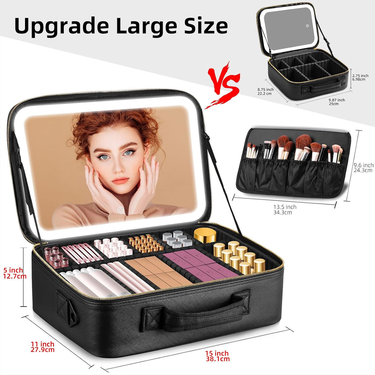 Upgraded Large Travel Makeup Bag with LED Mirror, 15” Makeup Case