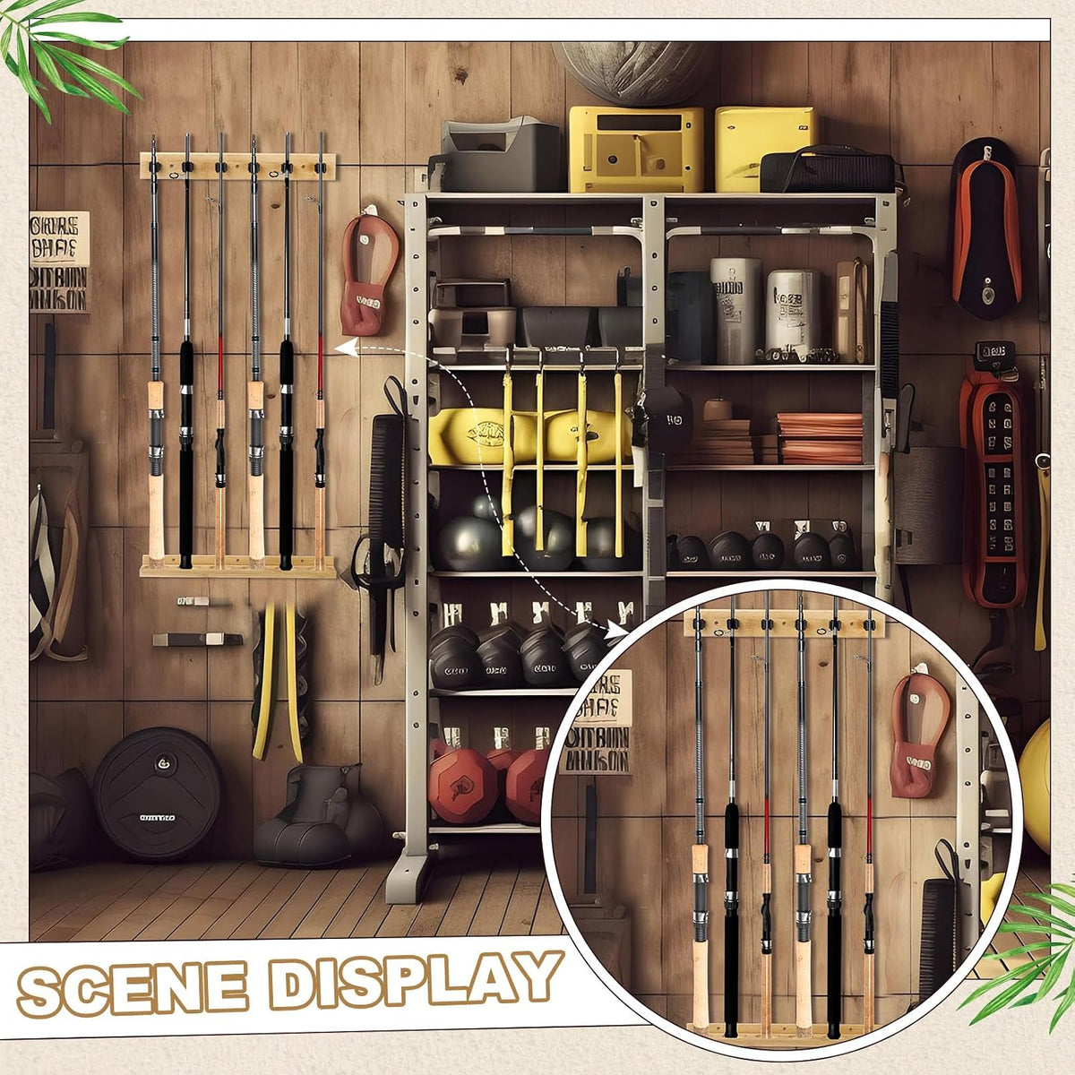 Wall Mounted Fishing Rod Holder Wooden Vertical Fishing Rod Rack Fishing Pole Holders for Garage Holds up to 6 Rods