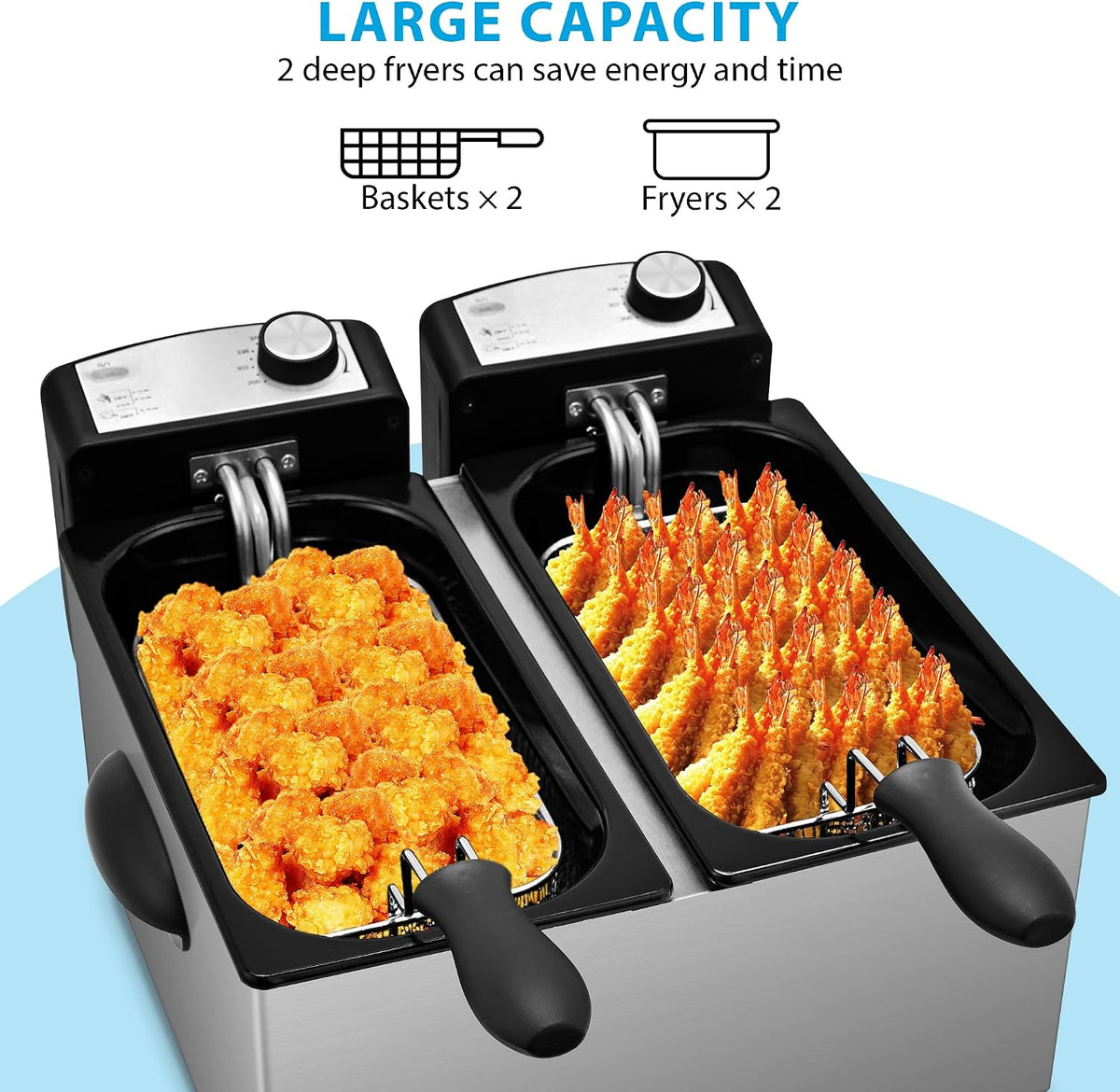 Electric Double Deep Fryer with 2 Baskets & Lids,6L Total Capacity