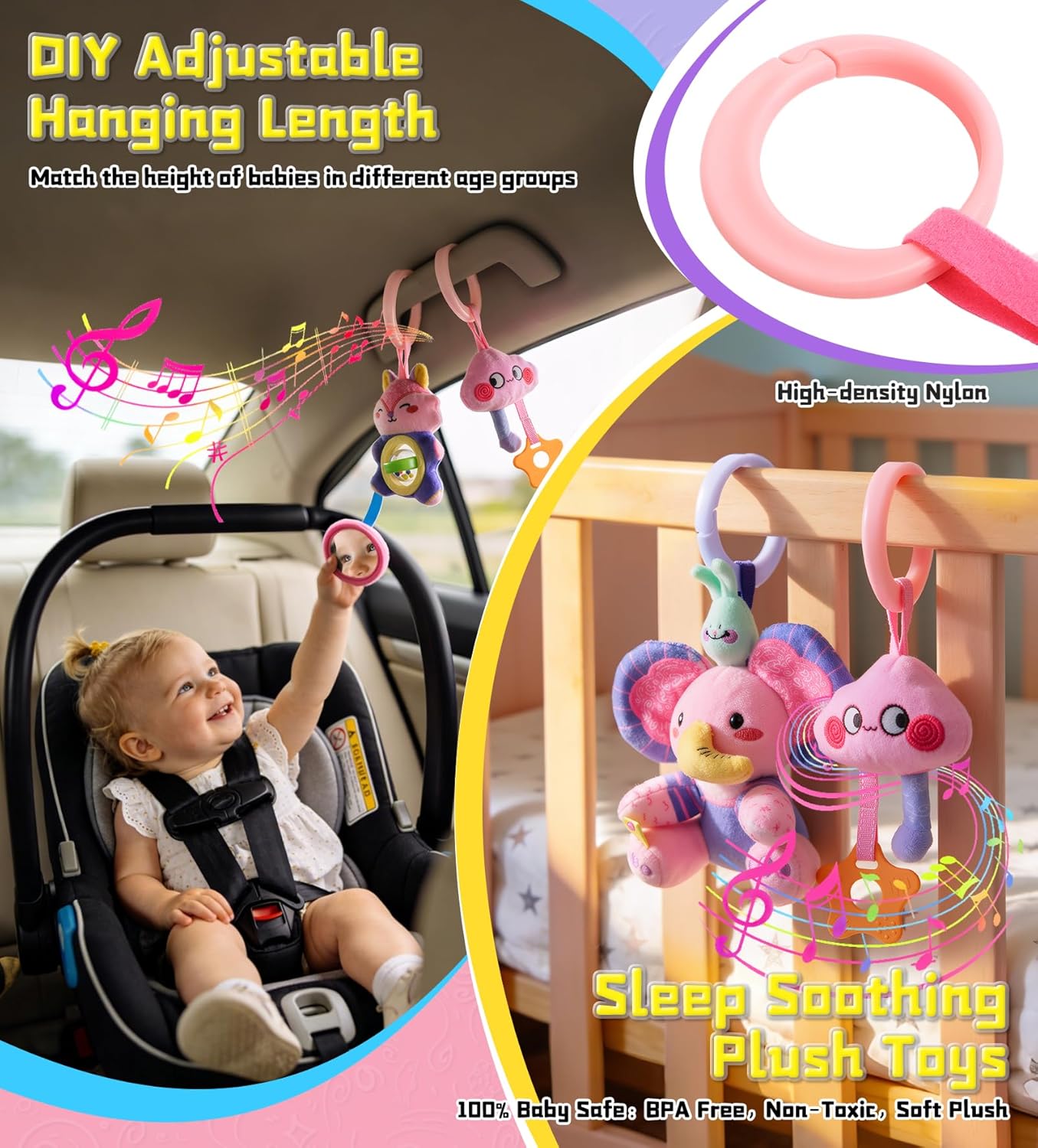 Musical Car Seat Toy for Babies 0-12 Months Girl, 5-in-1 Sensory Activity Hanging Toy Stroller Toy with Soothing