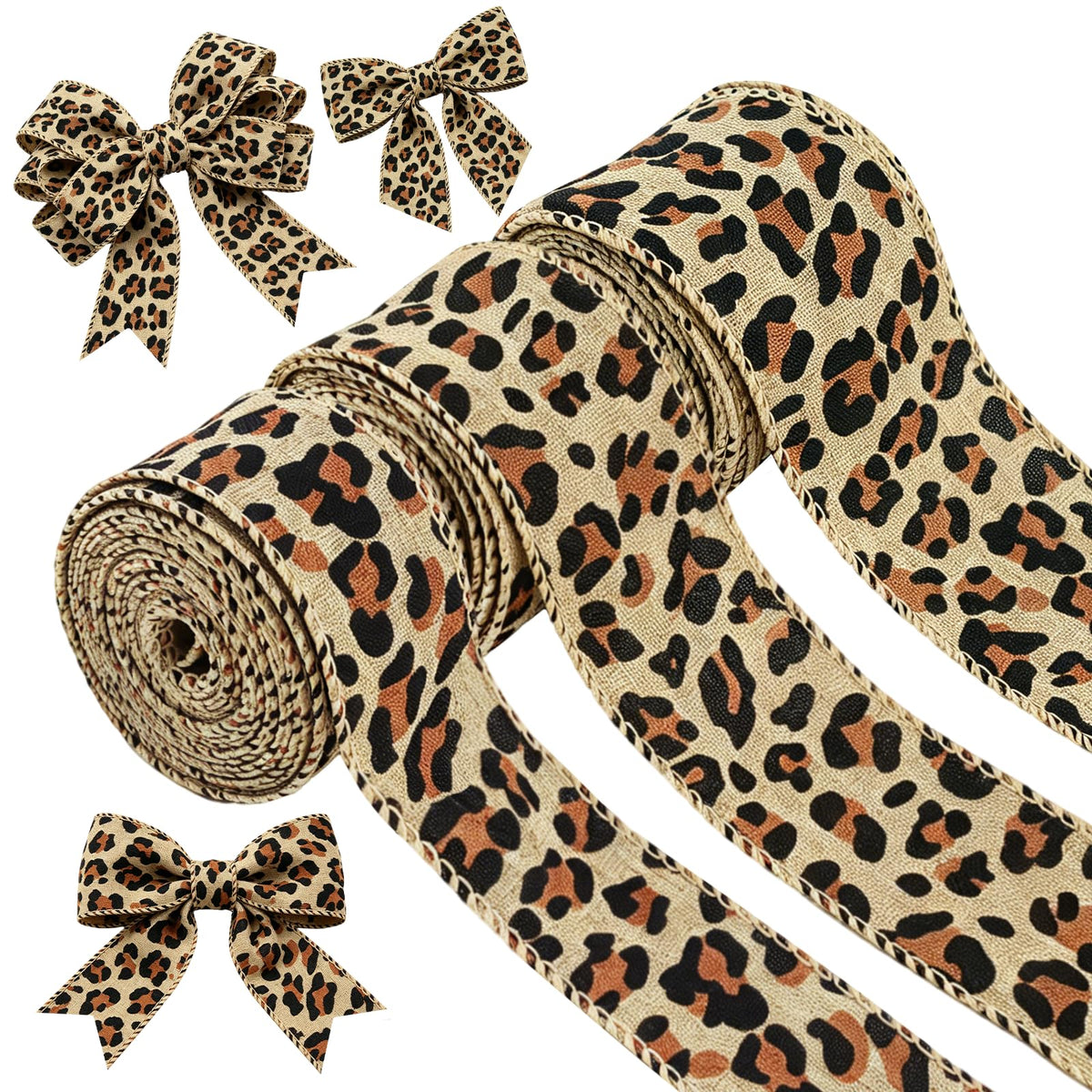 3 Rolls Leopard Pattern Satin Ribbon Total 24 Yards