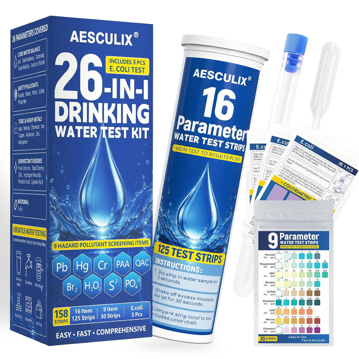 26 in 1 Water Test Kit for Drinking Water 158 Strips, Upgraded Home Water Testing Strips for Well & Tap Water