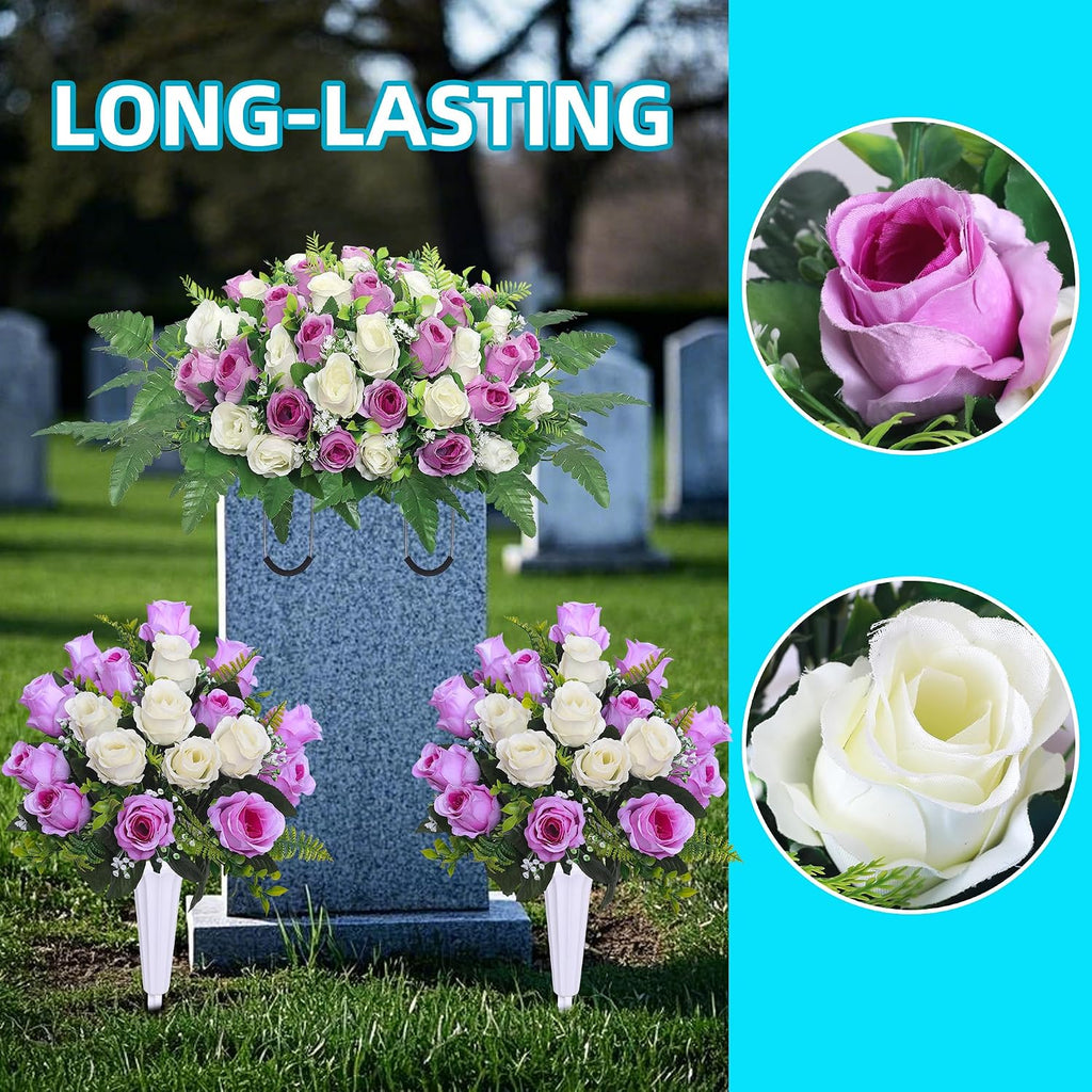 Artificial Cemetery Flower Saddles, Cemetery Memorial Flowers with Vase,Outdoor Grave Saddle Headstone Decorations