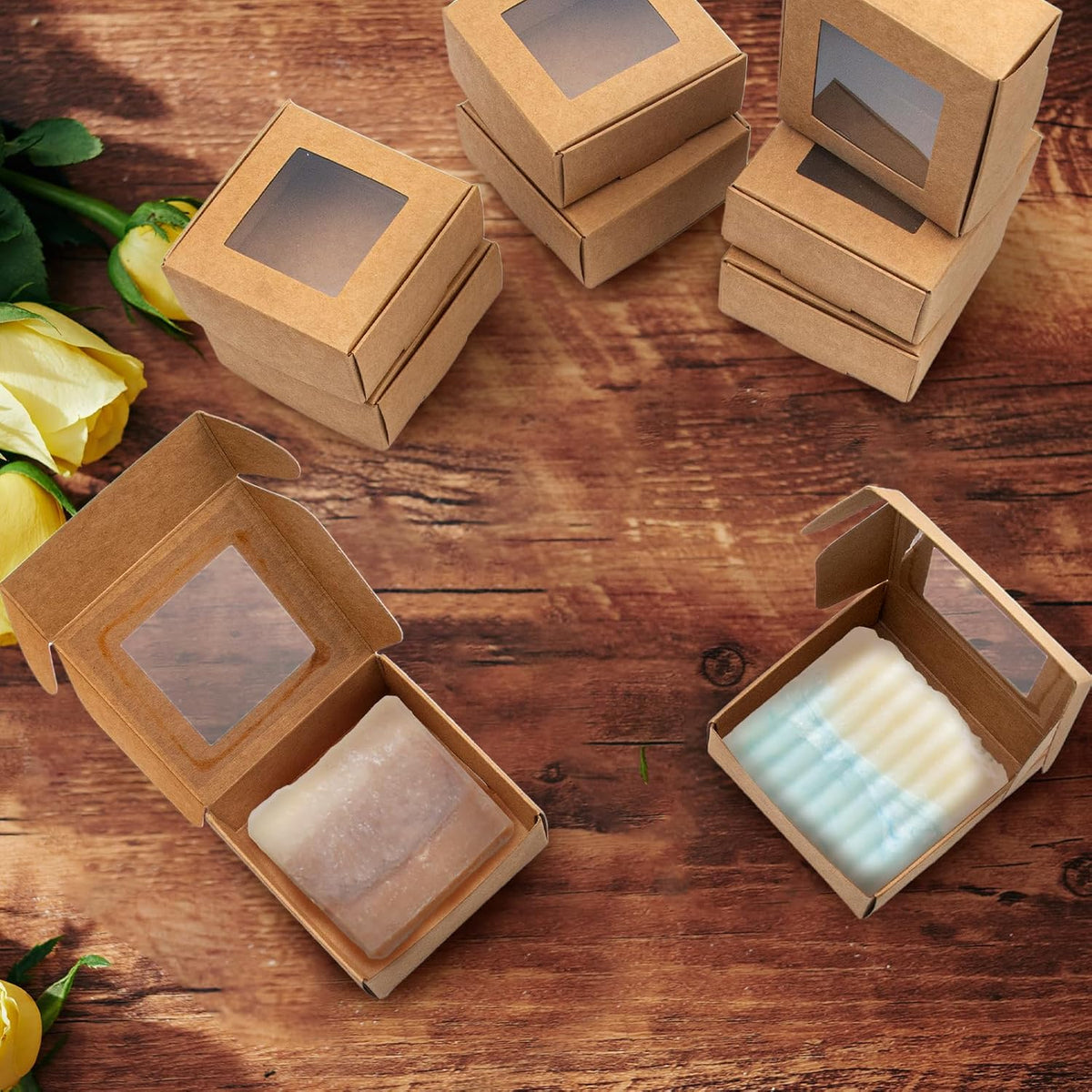 100 Pcs Soap Packaging Boxes with Window Mini Kraft Paper Boxes Bulk Treat Favor Boxes Rectangle Gift Soap Boxes for