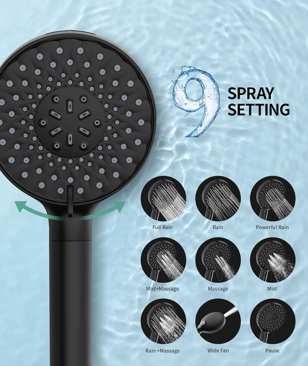 Filtered Shower Head with Handheld, High Pressure 9 Spray Mode Matte Black Showerhead with Filters, detachable shower
