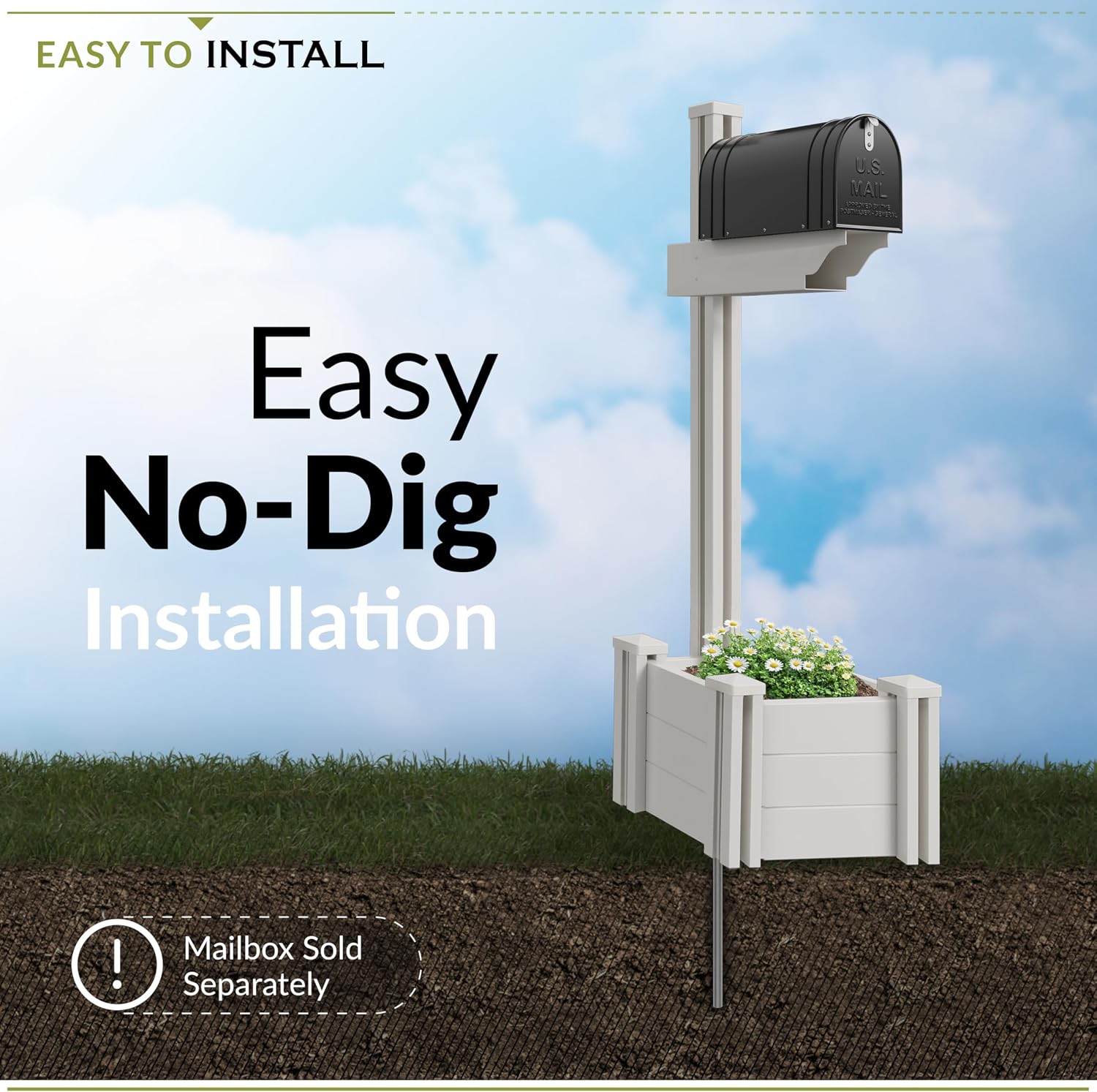 Zippity Majestic Mailbox Post w/Planter Box, White Vinyl DIY No Dig Kit | 1 Post + Planter Box, Mailbox Sold