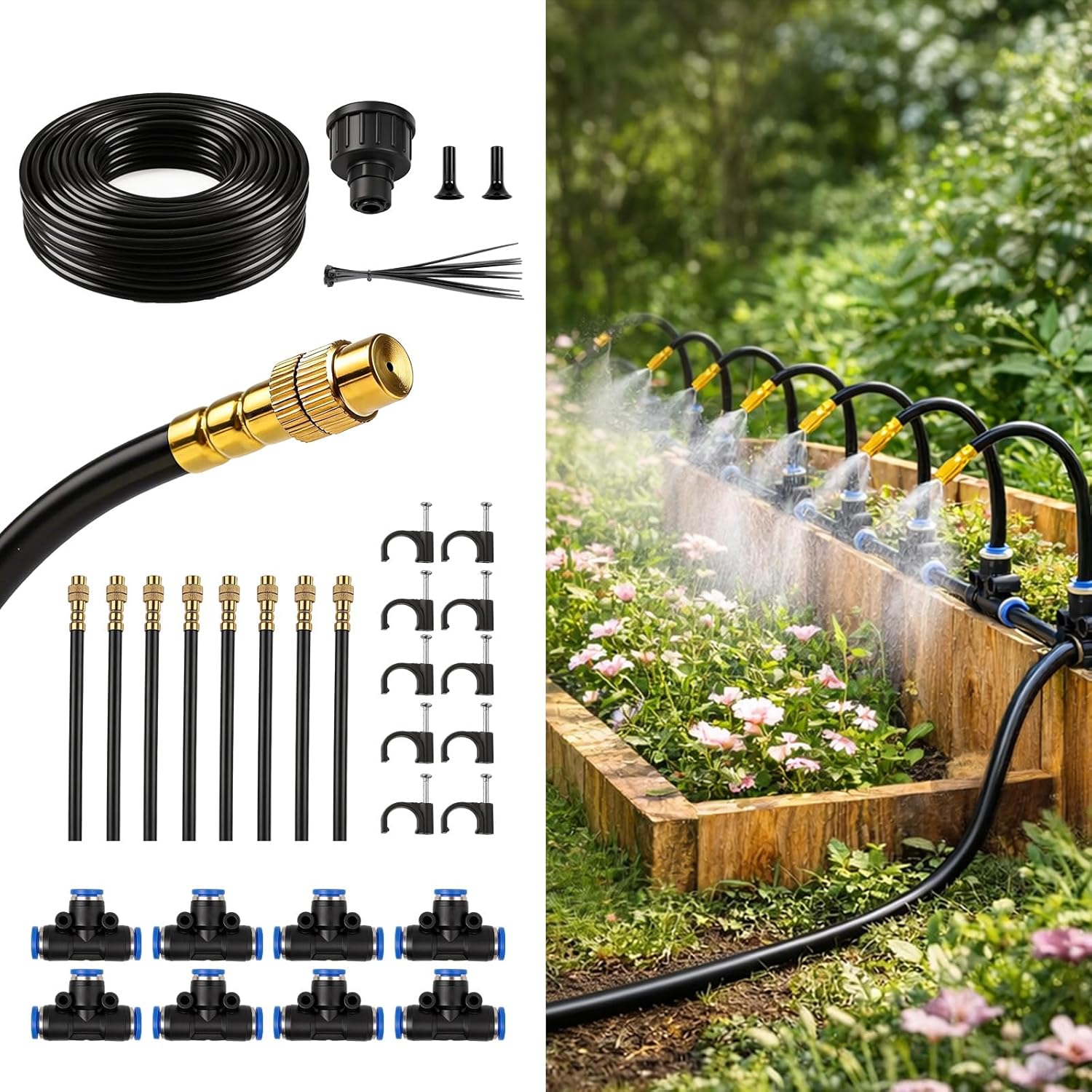 50FT Drip Irrigation Kit, 360° Adjustable Garden Watering System with 1/4" Tubing, Brass Misting Nozzles, DIY