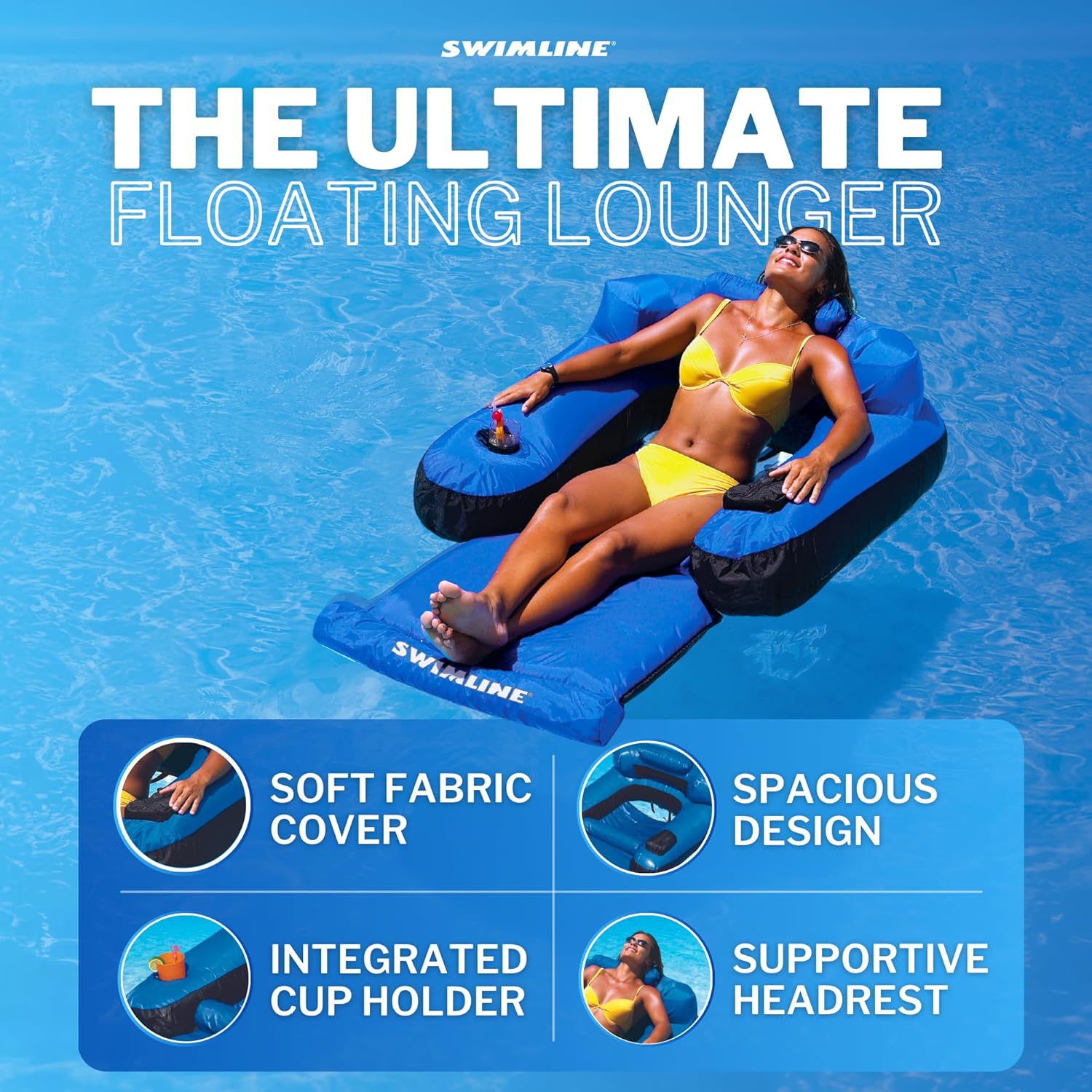 ORIGINAL Fabric Covered Pool Float Mattress Ultimate Lounger Raft For Adults & Kids | Back, Leg, & Arm Rests, Cup
