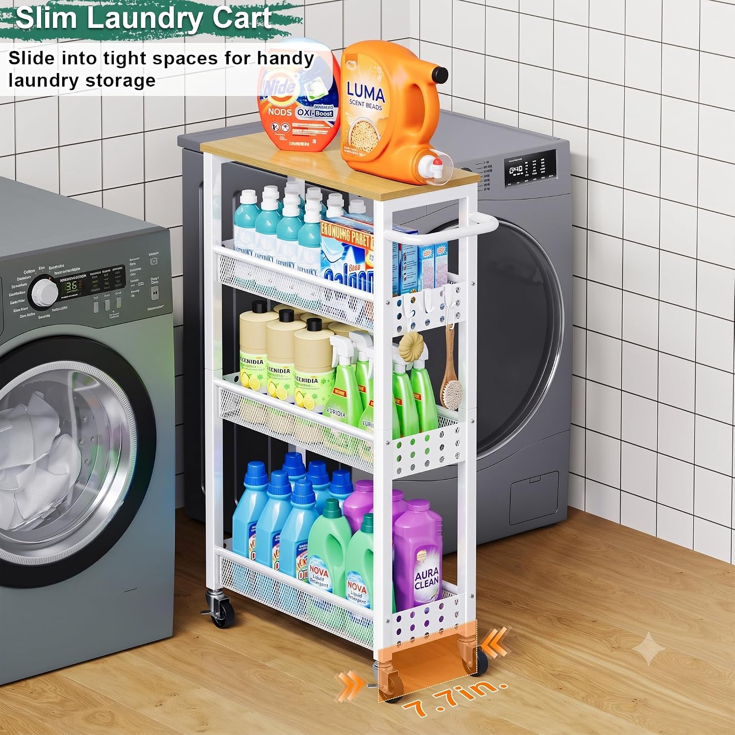 Utility Slim Rolling Cart with Table Top, Narrow Laundry Room Organization and Storage Shelves for Between Washer and