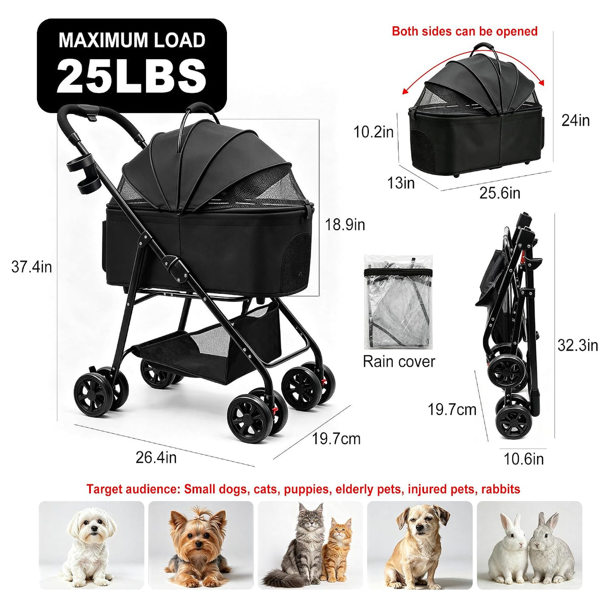 3 in 1 Dog Cat Stroller for Small Pet Up to 25 lbs & 25"