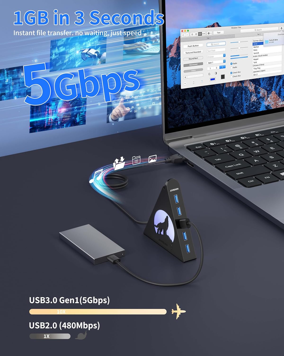 7-Port USB 3.0 Hub, Vertical USB Hub Splitter with RGB Lighting,5Gbps High-Speed Data Transfer and 2FT Extension