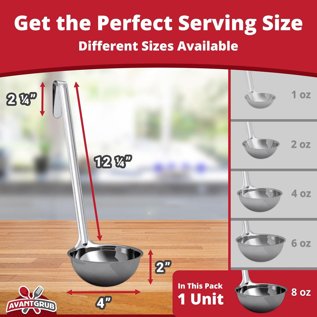 Super Sturdy, Ergonomic 8 Oz. Soup Ladle 1 Pk. Stainless Steel Ladles with Long Handles. Best Kitchen Accessories for