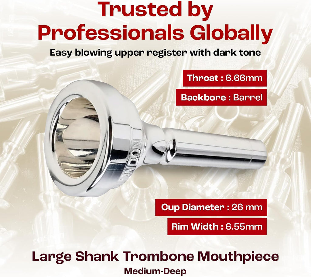 Classic Trombone Mouthpiece Silver Plated, 5880-4.5AL - Barrel Backbore for Balanced Airflow & Tone - Large Shank
