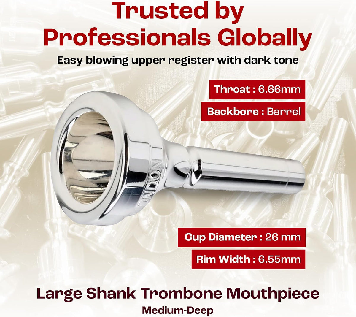 Classic Trombone Mouthpiece Silver Plated, 5880-4.5AL - Barrel Backbore for Balanced Airflow & Tone - Large Shank