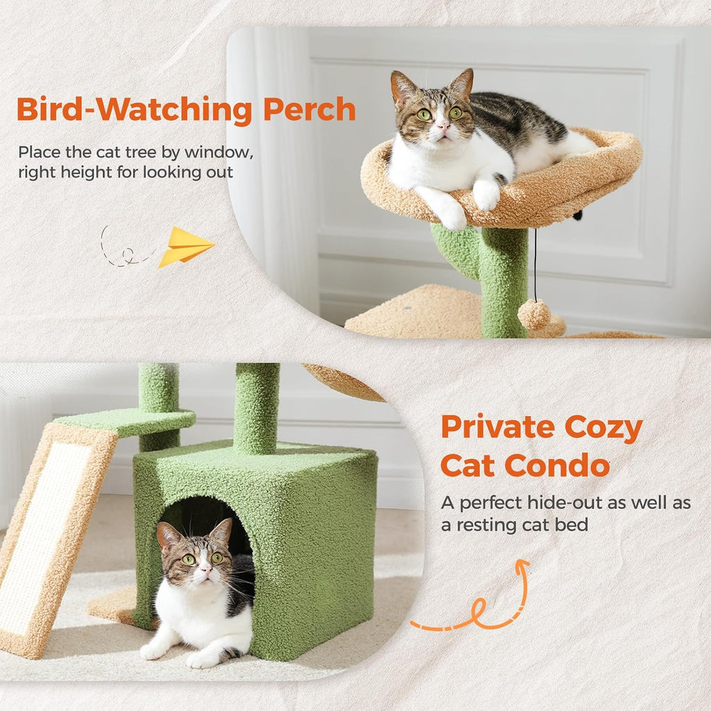 Cactus Cat Tree for Indoor Cats, 32'' Small Cat Tower Cat Condo with Sisal Scratching Ramp, Cozy Hammock and
