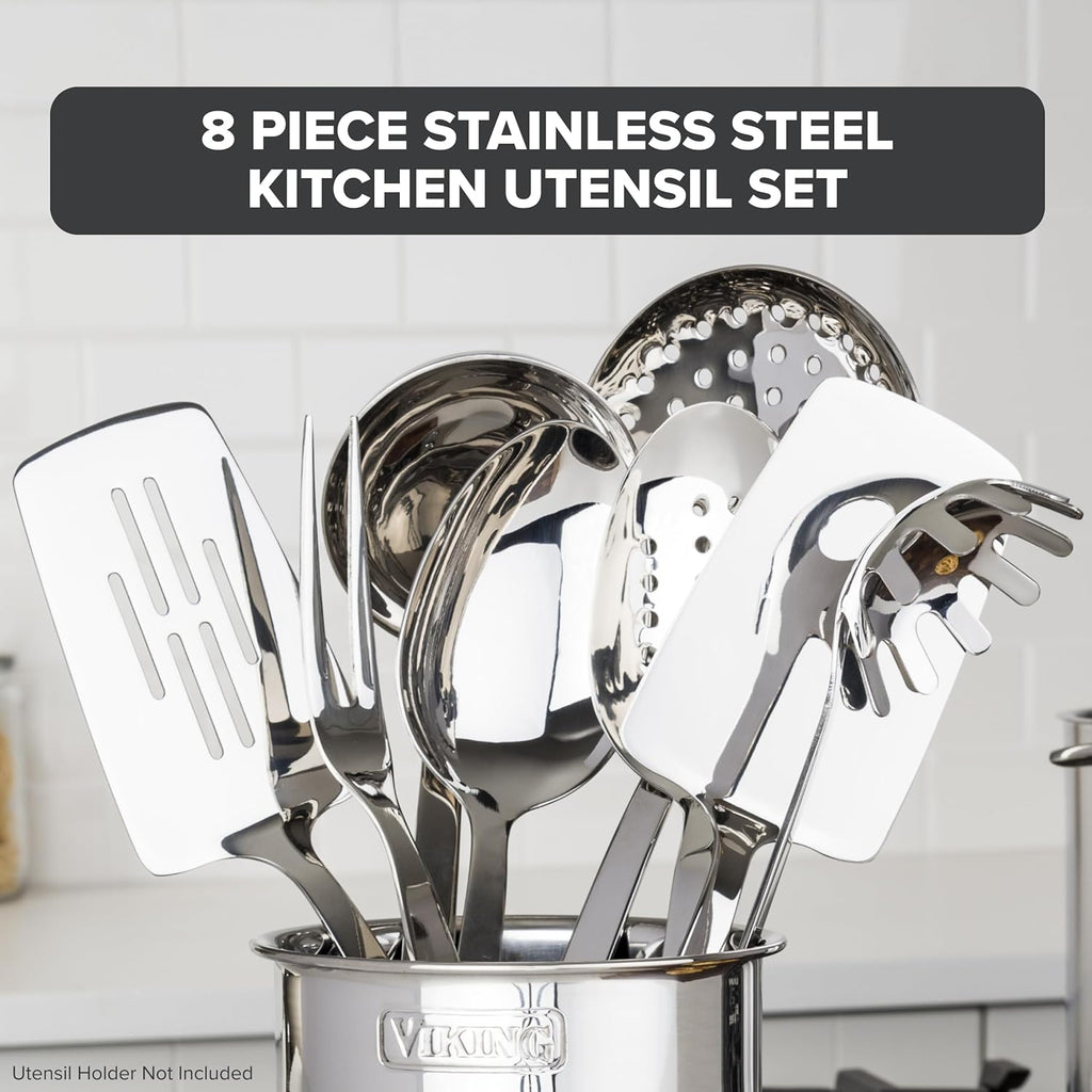 Kitchen Utensils Set, 8 Piece Stainless Steel Cooking Utensil Set, Includes Spatulas, Spoons, Pasta Fork, Deep Ladle