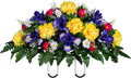 30" Spring Headstone Flowers Saddle - Purple Iris, Yellow Mum, Daisies - Grave Flowers - Mother's Day Spring Flowers