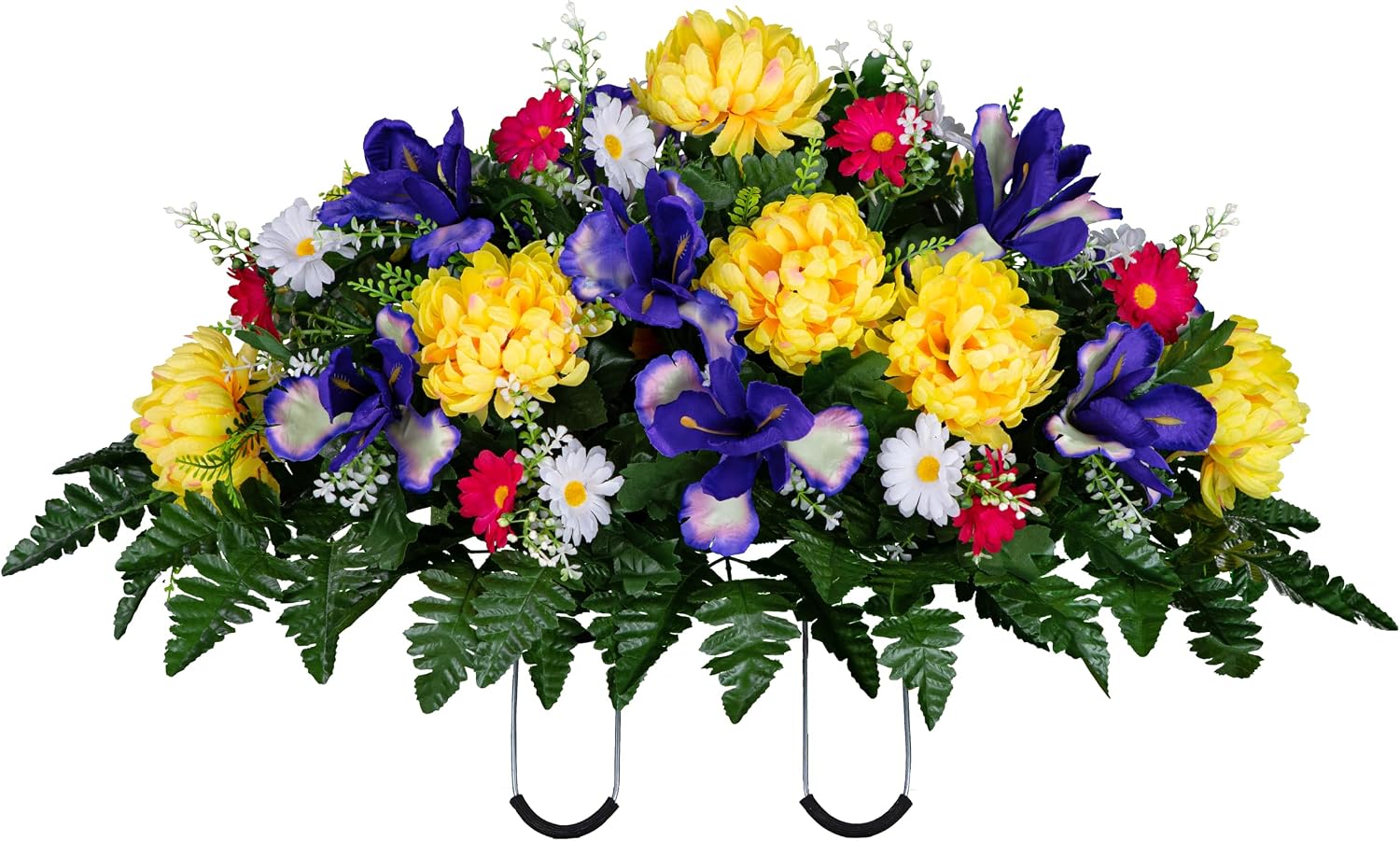 30" Spring Headstone Flowers Saddle - Purple Iris, Yellow Mum, Daisies - Grave Flowers - Mother's Day Spring Flowers