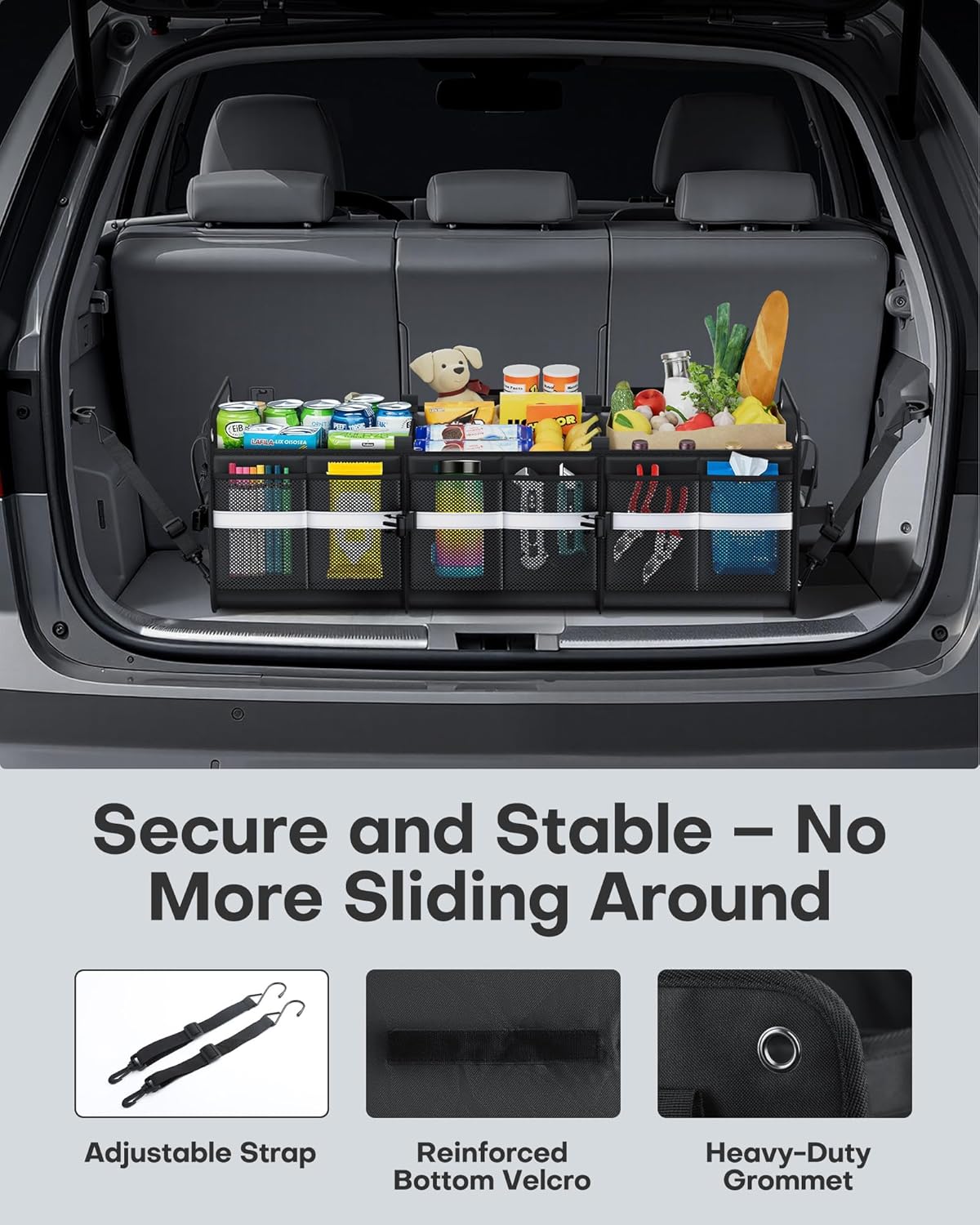 Trunk Organizer for SUV – Car Storage Box with Reflective Strips, Collapsible Car Organizer with Large Capacity