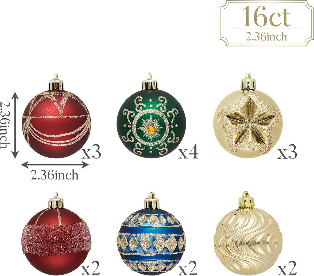 Ornaments for Christmas Tree Decorations, 16ct 2.36 Inches Red Green Blue and Gold Shatterproof Christmas Ornaments