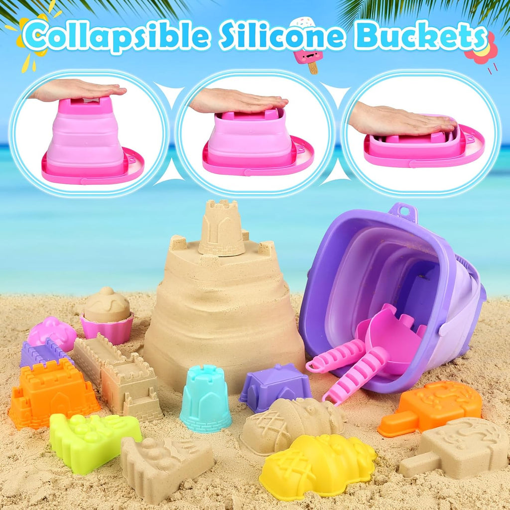 Beach Toys for Kids, 2 Collapsible Sand Bucket and Ice Cream Travel Toys | Collapsible Sand Bucket and Shovels Set
