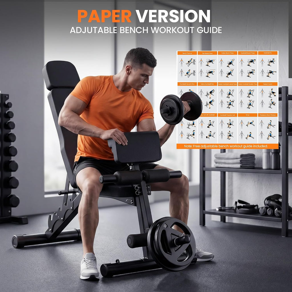 Adjustable Workout Bench, Weight Bench for Home Gym, Preacher Curl Bench with Leg Extension for Full Body Training