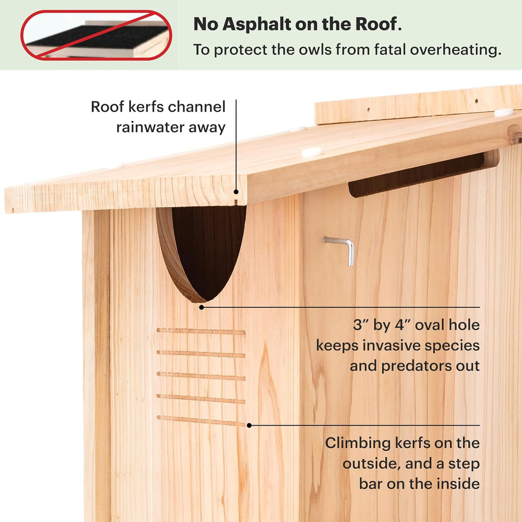 Large Cedar Owl House - Premium and Weatherproof Design - 16" x 12" x 11" - A Nesting Box for Screech Owls, Boreal