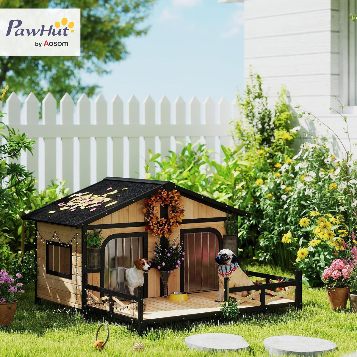 Dog House Outdoor, Wooden Dog Kennel Weatherproof with Porch, Openable Roof, Removable Bottom, Elevated Floor, Double