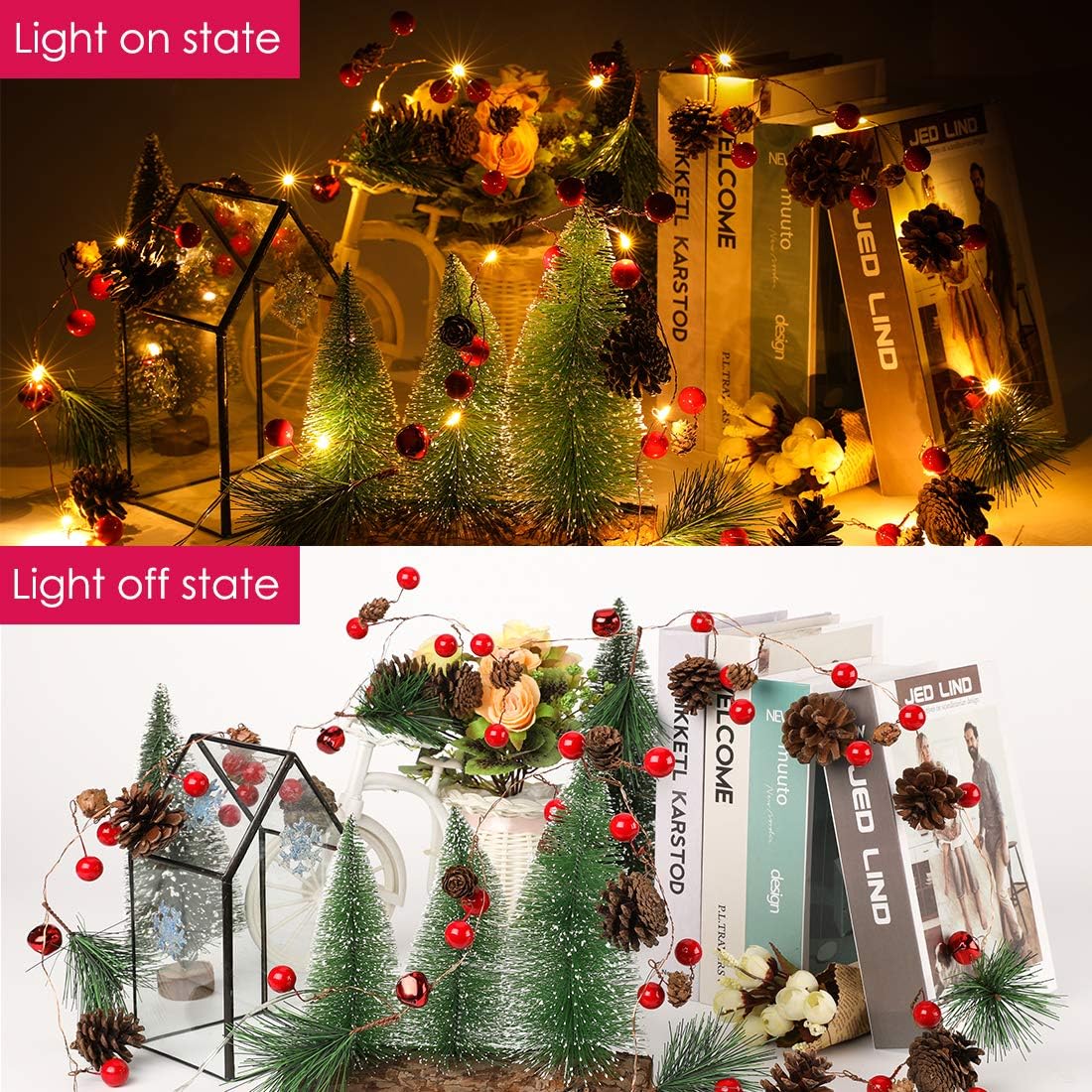 Christmas Garland with Lights, Red Berry Pine Cone 6.5FT 20 LED Garland Lights Battery Operated, led Garland String