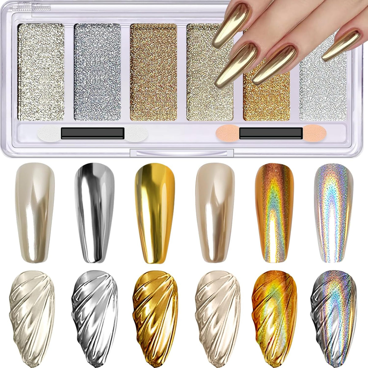 Gold Silver Chrome Nail Powder, 6 Colors Mirror Nail Chrome Palette