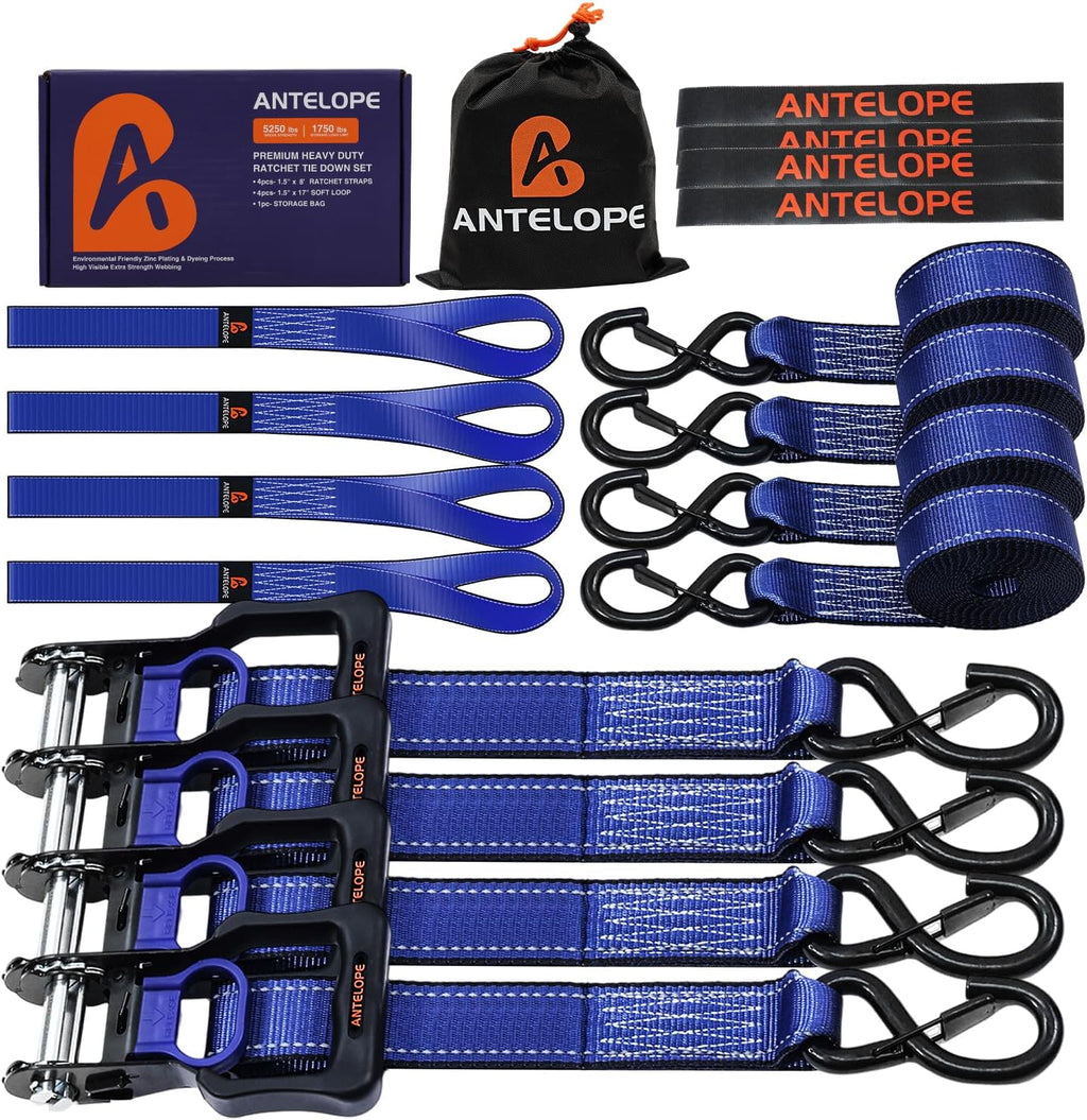 4 Pack 1.5" x 8' Ratchet Tie Down Straps with S Hooks, Blue | 5250 LBS Breaking Strength Heavy Duty Ratchet Straps