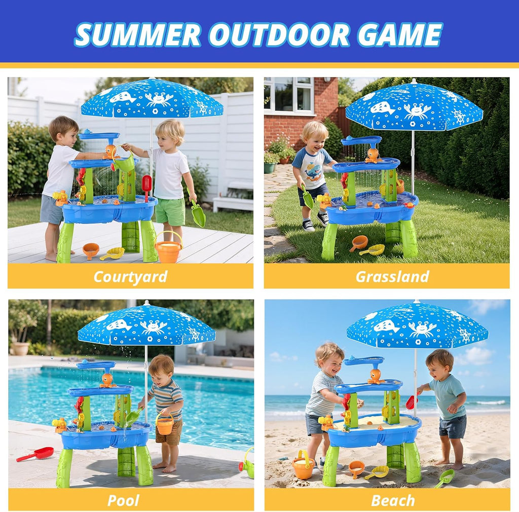 3-Tier Water Table for Toddlers, Kids Sand Water Table with Adjustable Umbrella, Sand Toys & Fishing Game, Sensory